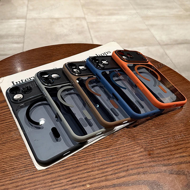 Eksklusivt magnetisk metalldeksel med linsebeskyttelse for iPhone 17 / 16 / 15 / 14 / 13 / 12 / 11 Pro Max / Plus – støtsikkert harddeksel med trådløs lading