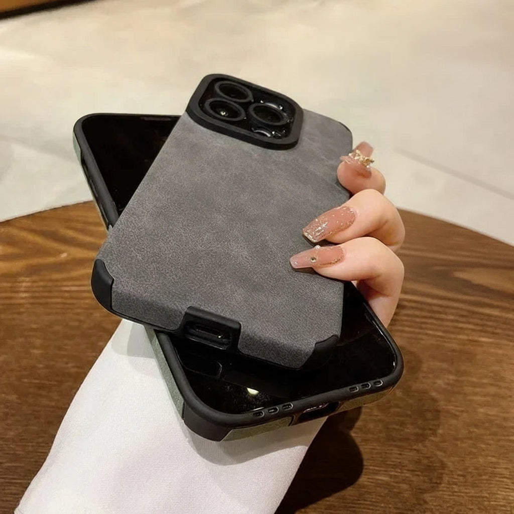 Stilfullt mobildeksel i kunstskinn med full linsebeskyttelse – passer iPhone 11–17 Pro Max og Plus-modeller