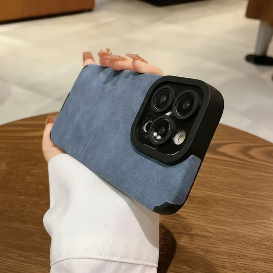 Stilfullt mobildeksel i kunstskinn med full linsebeskyttelse – passer iPhone 11–17 Pro Max og Plus-modeller