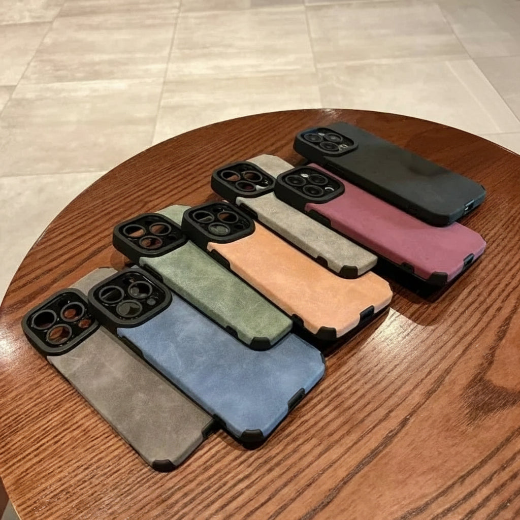 Stilfullt mobildeksel i kunstskinn med full linsebeskyttelse – passer iPhone 11–17 Pro Max og Plus-modeller