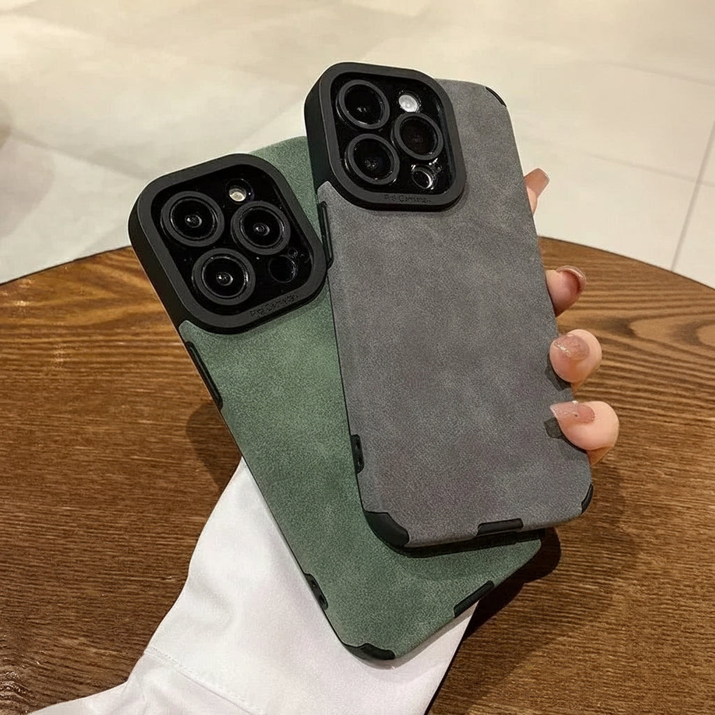 Stilfullt mobildeksel i kunstskinn med full linsebeskyttelse – passer iPhone 11–17 Pro Max og Plus-modeller