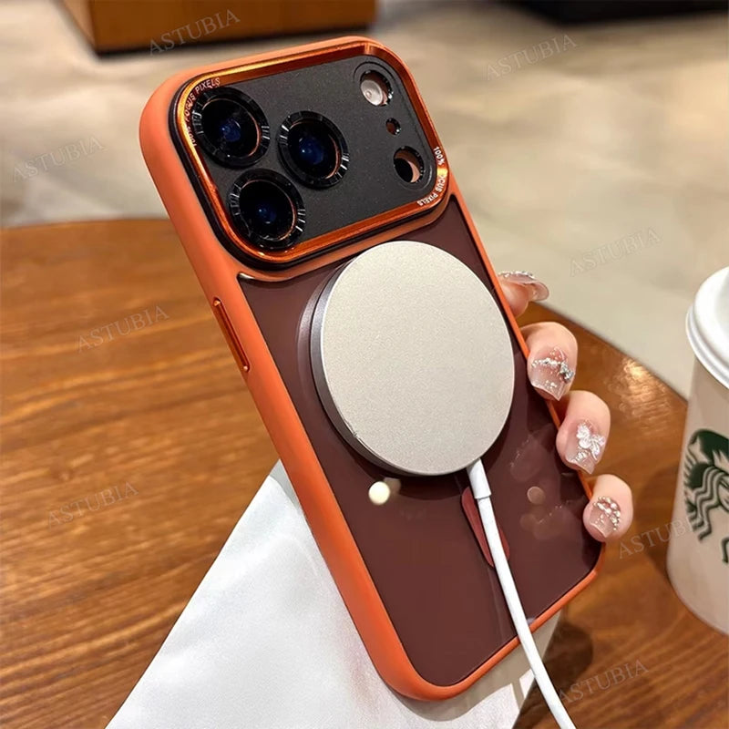 Eksklusivt magnetisk metalldeksel med linsebeskyttelse for iPhone 17 / 16 / 15 / 14 / 13 / 12 / 11 Pro Max / Plus – støtsikkert harddeksel med trådløs lading